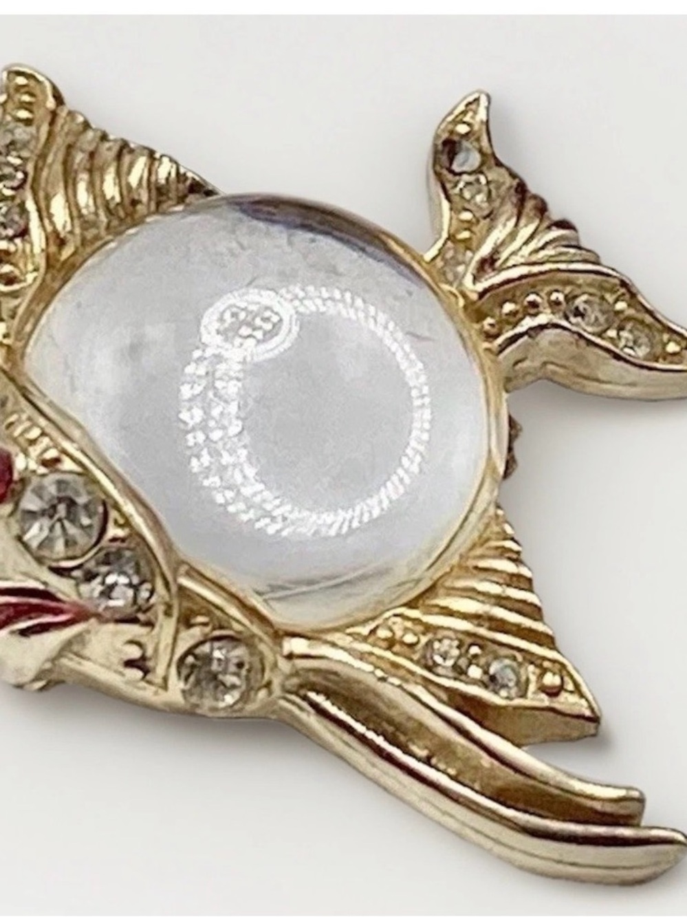 Coro Gold-Tone Imp Brooch with Clear Domed Cabochon and Crystal Accents